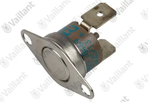 Vaillant Temperatursensor mit metallischer Kappe und Anschlussklemmen, montierbar durch seitliche Löcher.